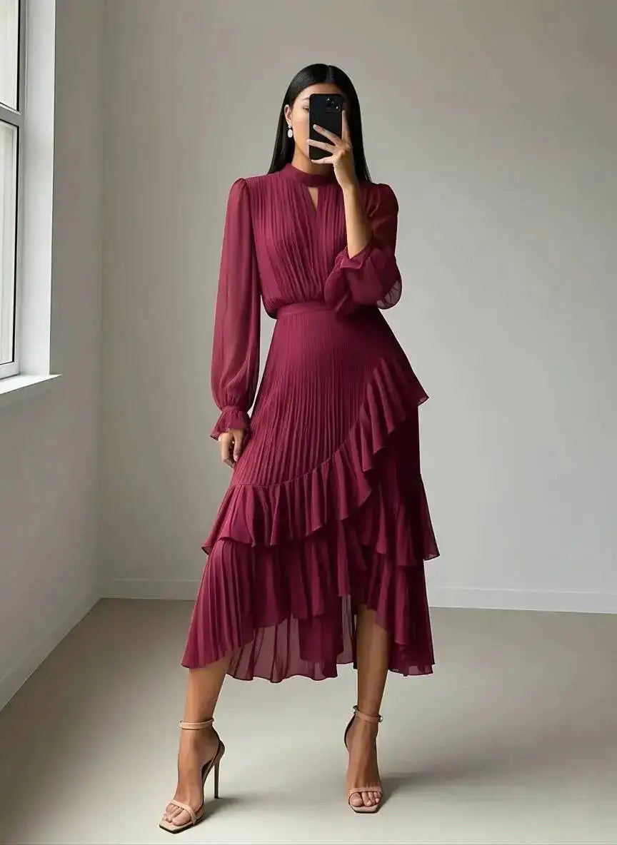 Lucille Pleated Ruffle Midi Dress